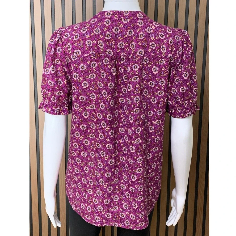 J.Crew  Women's Purple Floral Button Front Blouse Short Puff Sleeve Top S